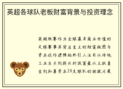 英超各球队老板财富背景与投资理念