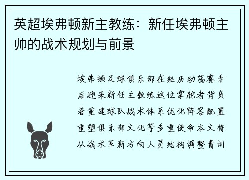 英超埃弗顿新主教练：新任埃弗顿主帅的战术规划与前景